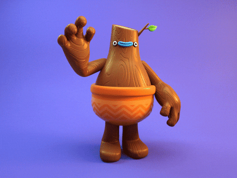 a tree branch type character with legs and arms waving his hand with a smile on his face standing against a purple background