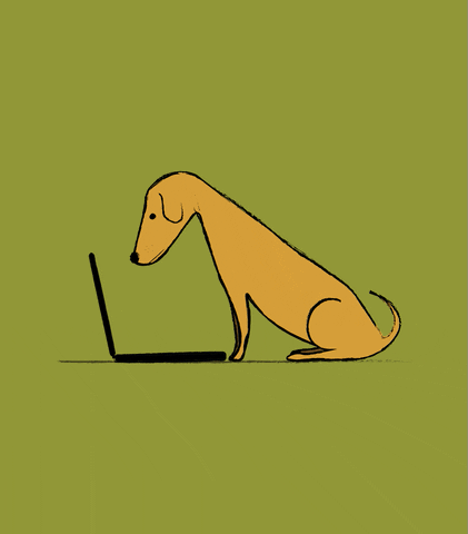 brown dog sitting in front of a laptop looking sad and then he presses a button and the screen lights up giving the dog spots and making him smile