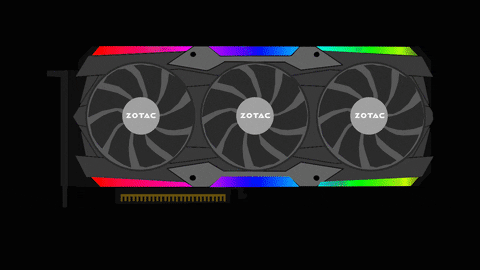 a graphics card with three fans spinning and changing multiple rainbow colors