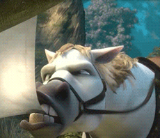 Maximus the horse from Tangled pulling a wanted poster off a tree and chewing it up with his teeth really fast