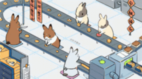 bunnies making treats on a conveyor belt all participating in the creation process