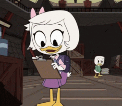 female duck character reading from a clip board with a boy duck character walking away in the background