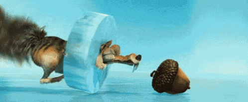 Scrat from Ice Age trying to reach a nut through a piece of ice and as he touches it he falls over onto his face