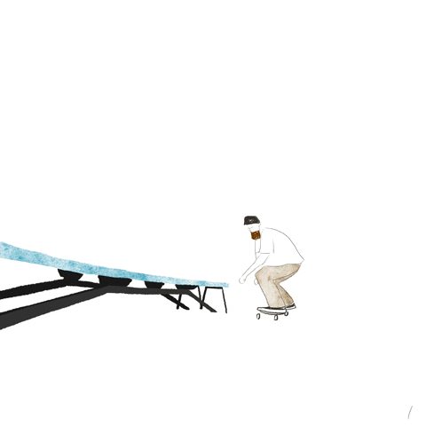 a man with a beard on a skateboard performing a trick on a bench and landing it and skating away into the distance