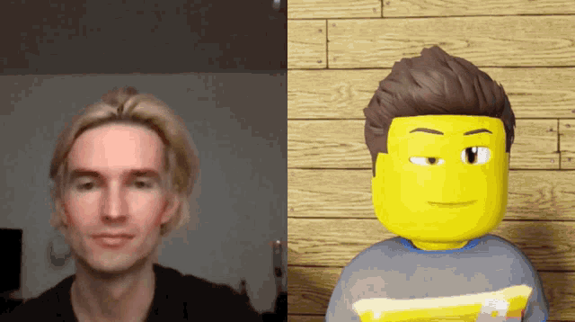 a person and animated lego character doing the same motions and facial expressions
