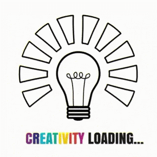 a light bulb with a color meter around it lighting up in multiple colors with the text underneath it saying creativity loading...
