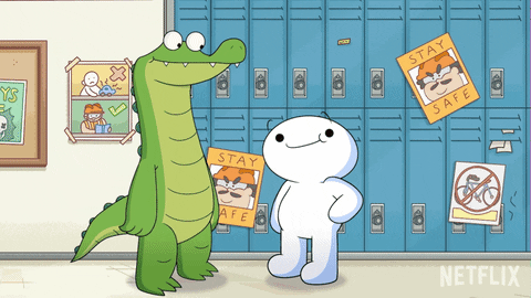 theodd1sout with two characters doing a special handshake and laughing afterward whilst standing in a school next to the lockers