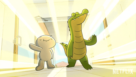 TheOdd1sOut’s and his crocodile friend standing proud with one of their arms up and eyes closed with beaming light shining from behind them