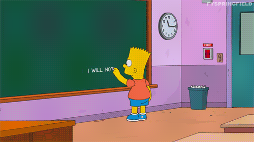 Bart Simpson starting to write on the chalk board when two men come inside and change the chalk board for a large iPad and Bart writes one sentence and copy pastes the rest