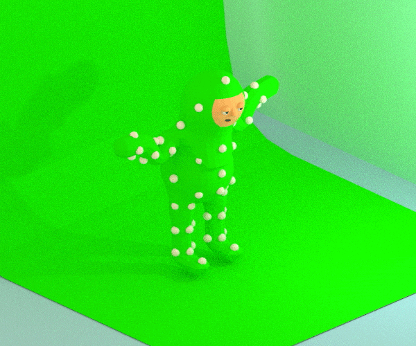 green character with a green outfit and white dots dancing up and down using AI Rotoscoping with the use of a green screen as a background