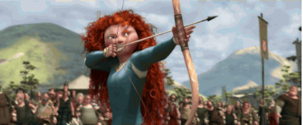 girl character with long red hair shooting an arrow and hitting the middle of the target
