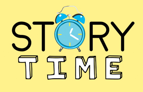 The text "Story Time" with a clock moving around in the middle of the word "story" as the letter O