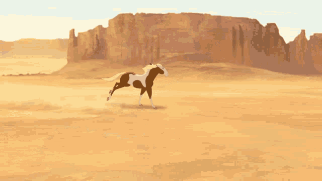 Rain from Spirit stallion of the cimarron galloping across the dessert with a feather in her mane