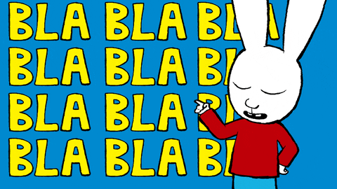 a white rabbit character wearing a red shirt speaking and putting his finger up with the words "bla bla bla" repeated in the background