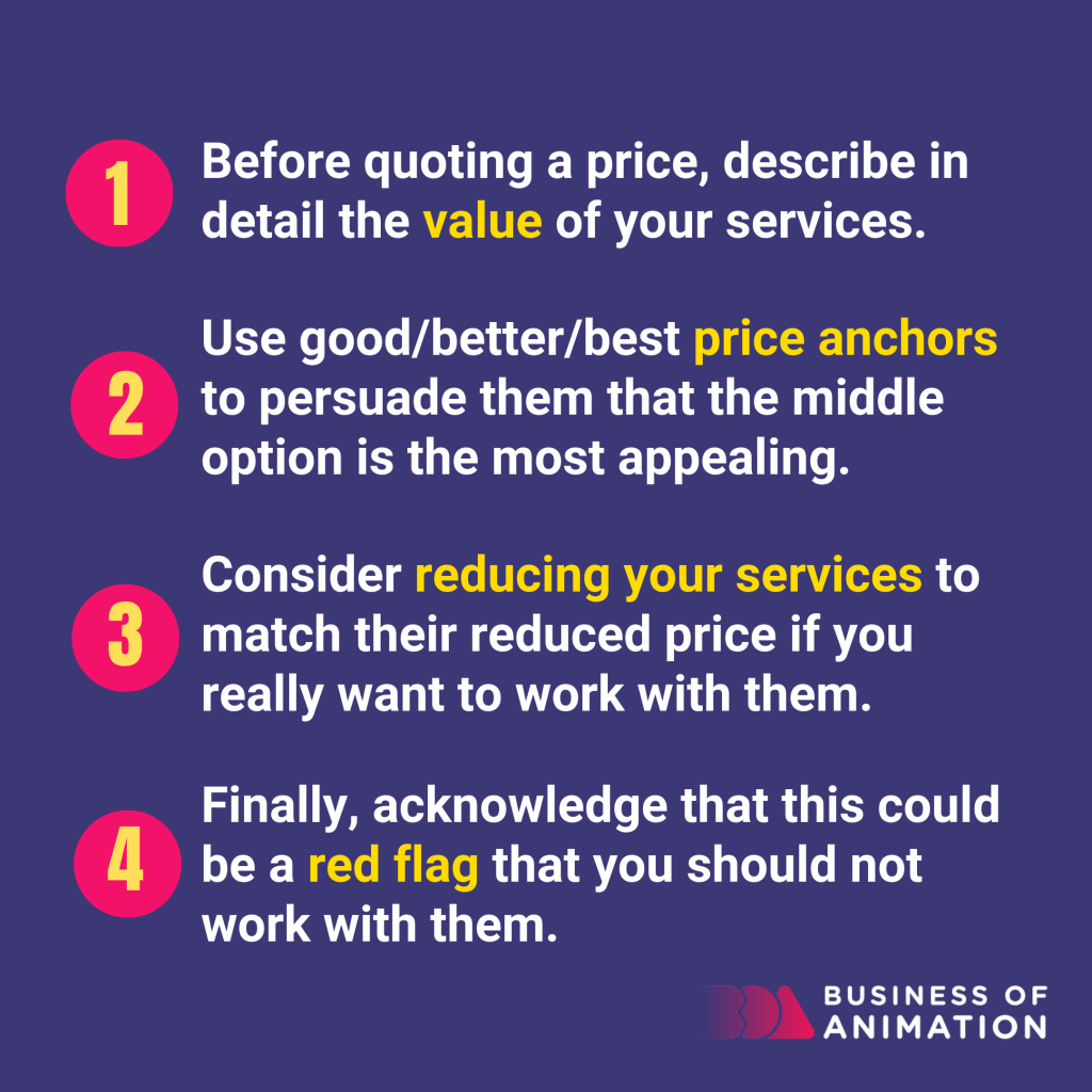 describe your services in detail, use price anchors, consider reducing your services to match the rate, and know that their asking might be a red flag
