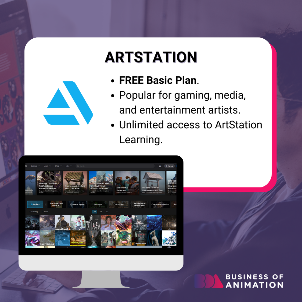 artstation has a free basic plan and is popular with gaming, media and entertainment artists