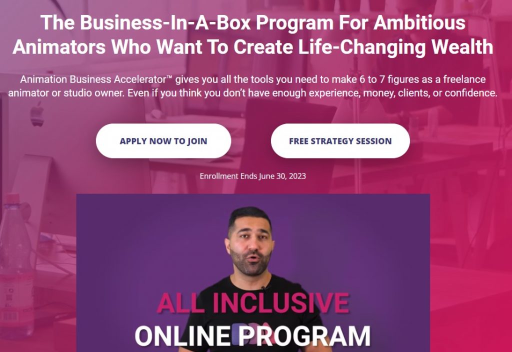 a screenshot of the Business of Animation website with the text "The business-in-a-box program for ambitious animators who want to create life-changing wealth"