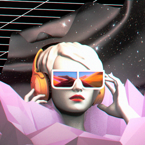 a futuristic girl listening to music with headphones and wearing glasses that are showing a road moving as if she is travelling with a galaxy wallpaper behind her and she is wearing a pink dress made from geometric shapes