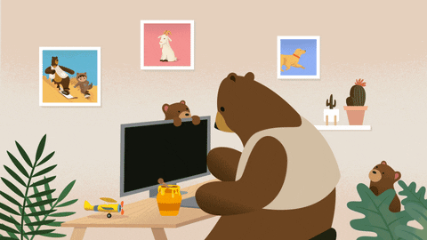 a bear sitting at his desk working on his computer and typing on his keyboard with photos of bears and other animals on his wall