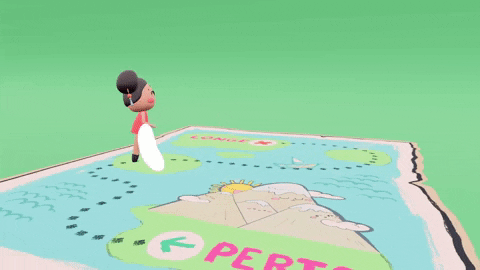 a 3d animatic of a girl walking along a dotted line on a map of an island