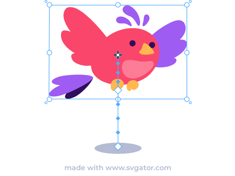 a pink and purple bird flying up and down with key framing software over it