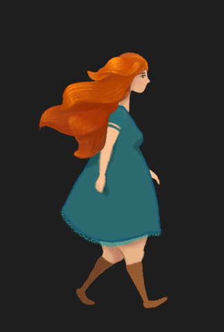 a girl with long orange hair walking with her hair and dress blowing in the wind with smooth animation frames