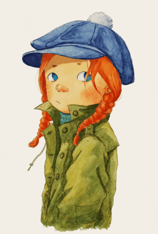a girl wearing a green jacket and a blue hat looks around with her blue eyes as her orange hair in tewo braids blows around in the wind