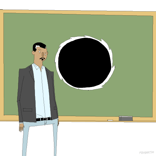 a teacher pointing to a black hole on a chalk board and then gets absorbed and sucked into it and disappears 