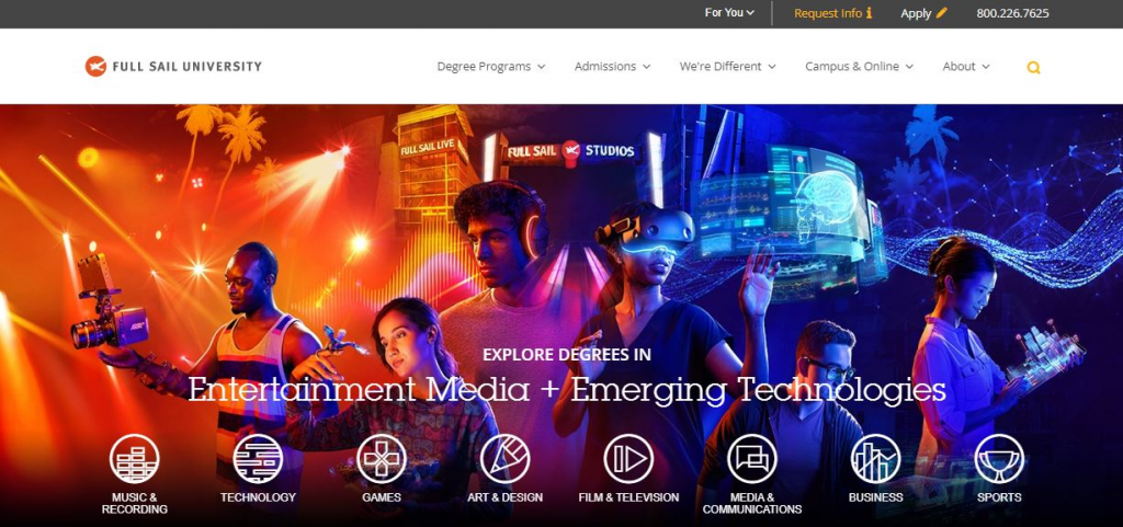 Full Sail University website for those looking for online animation degrees focused on entertainment media and emerging technologies