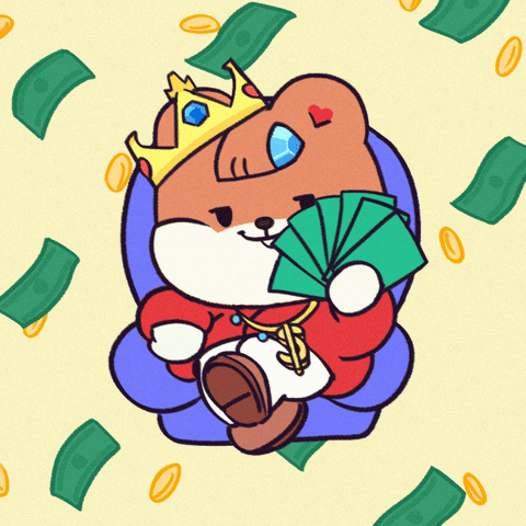 a bear type character sitting on a blue chair fanning itself with a fan made of money notes and wearing a gold crown with paper money notes and coins flying in the background