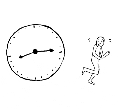 a person sweating and running away from a clock that is spinning really fast 