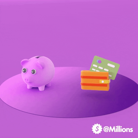 coins and money notes coming out of a wallet smf filling up a purple piggy bank with big eyes