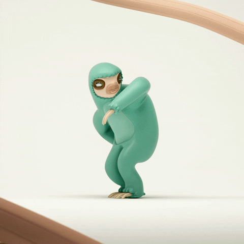 a green sloth dancing and swinging its arms around