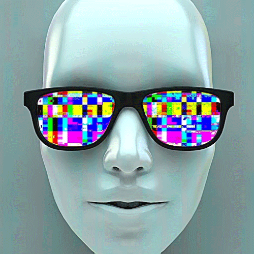 a 3d human face wearing sunglasses that have squares of many different colors changing frequently 