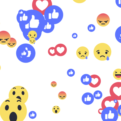 Facebook and Instagram emojis and reactions floating around and bouncing around on a white background