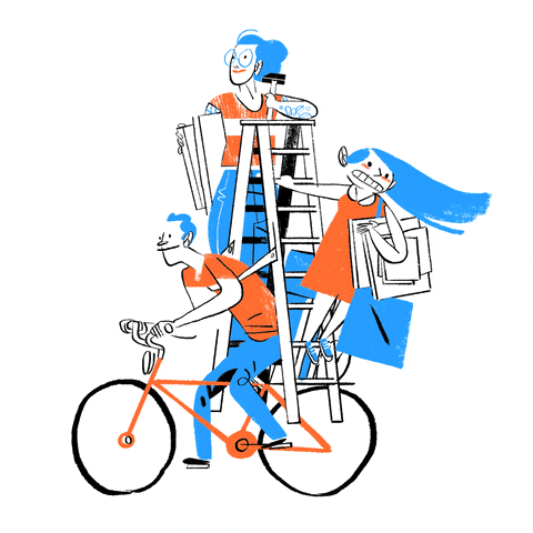 a man cycling on a bicycle with a ladder attached to it and two woman standing on either side of the ladder with their hair and bags blowing in the wind