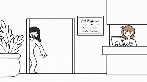 an animatic of a mom walking into a physicians office with her child hugging and squeezing her leg as she walks and the receptionist just stares blankly 