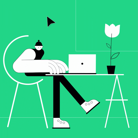 a character sitting at their desk typing on their laptop with very big hands and swinging their leg up and down with a plant that is moving on the desk against a green background