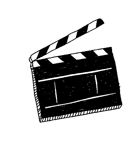 a black and white clapper board clapping with a yellow star burst behind it flashing on and off