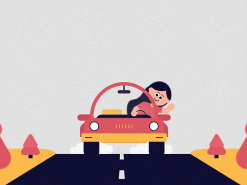 a girl driving a red car down a road and sticks her head out the window and waves with a smile on her face