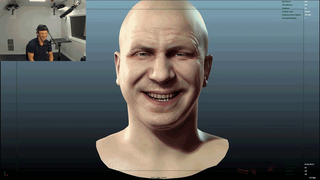 a realistic 3d human face model showing human texturing on the skin as he talks and laughs in editing software