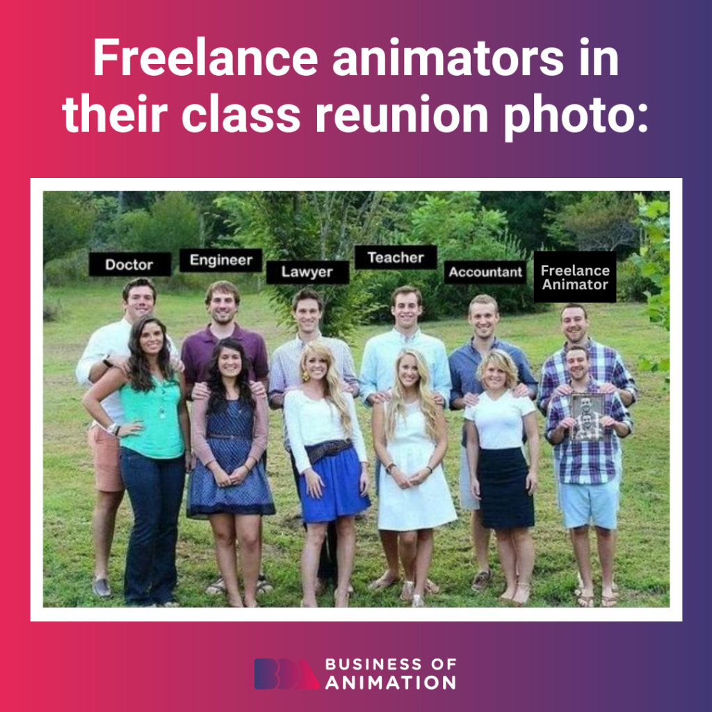 meme: freelance animators in their class reunion photo