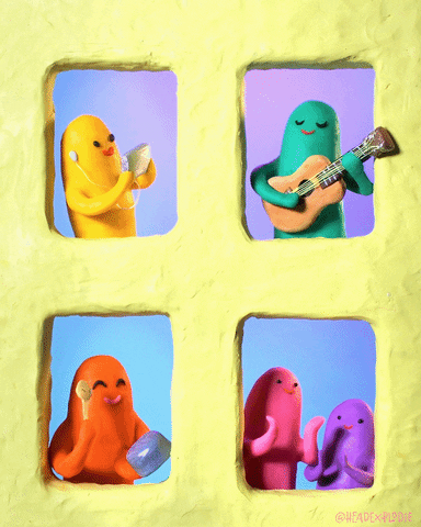 colorful clay characters each playing a musical instrument except the bottom two which are just clapping their hands in a yellow clay building with four windows