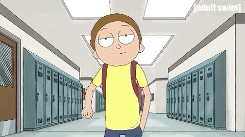 a boy character from Rick and Morty wearing a yellow shirt and walking in a school amongst the lockers and he swings his arm as he walks with his eye half closed
