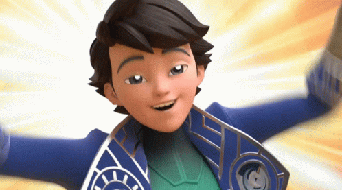 an animated boy has his arms up in the air and says hooray with bright shiny eyes and a shining light beam in the background